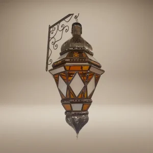 A Moroccan lantern with amber and white glass panels showcased on a wall alongside traditional painted ceramics and intricately carved wooden decor.